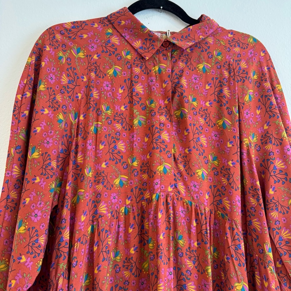 NATURAL LIFE Red Floral Long Sleeve Boho Maxi Dress with Blue & Yellow Border - Picture 5 of 8